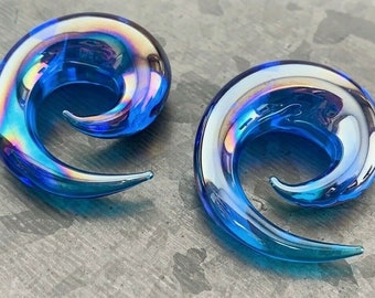 PAIR of Stunning Blue Lucifer Glass Spiral Taper Plugs - Expanders Gauges