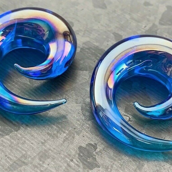 PAIR of Stunning Blue Lucifer Glass Spiral Taper Plugs - Expanders Gauges