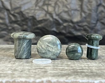 PAIR of Beautiful Organic Single Flare Green Jasper Stone Plugs with O-Rings - Gauges 4g (5mm) up to 5/8" (16mm) available!