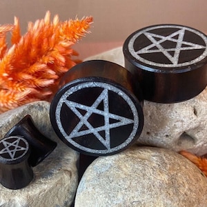 PAIR of Stunning Crystal Quartz Pentagram Inlay Black Wood Saddle Plugs/Tunnels Gauges 0g 8mm thru 1 25mm available image 1