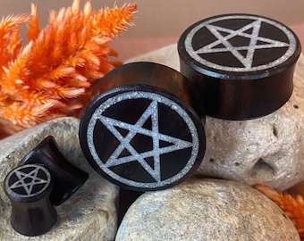 PAIR of Stunning Crystal Quartz Pentagram Inlay Black Wood Saddle Plugs/Tunnels - Gauges 0g (8mm) thru 1" (25mm) available!