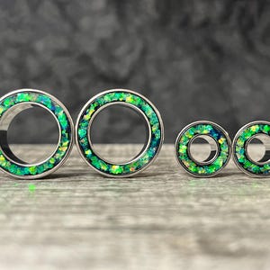 PAIR Green Opal Glitter Rim Screw Fit Tunnels Ear Plugs Earlet Rimmed Gauges