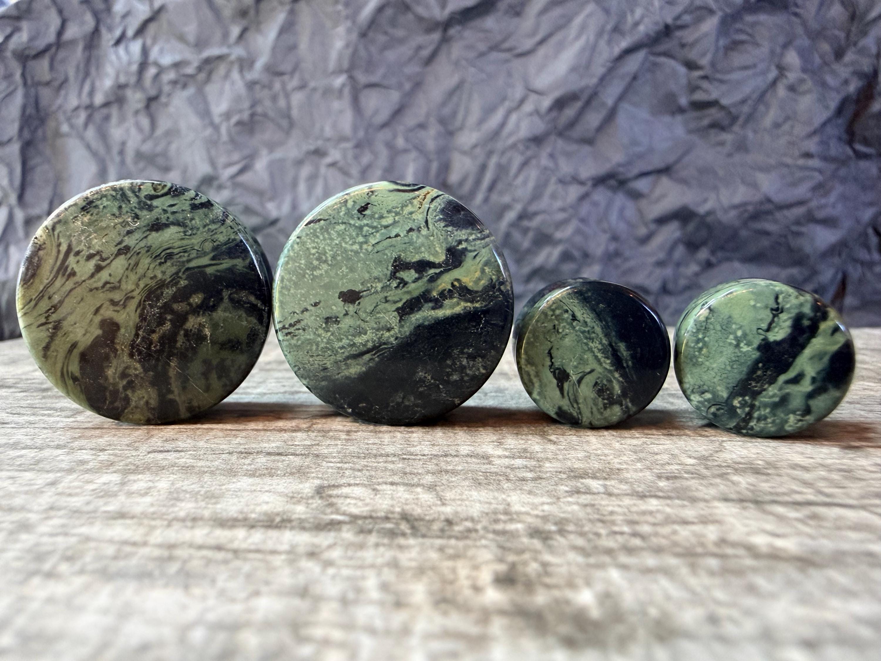 PAIR of Unique Natural Green Eye Jasper Double Flare Stone Plugs