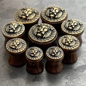 PAIR Stunning Antique Gold Lion with Maze Pattern Rim Sono Wood Saddle Plugs - Gauges 0g (8mm) thru 5/8&quot; (16mm) Available!