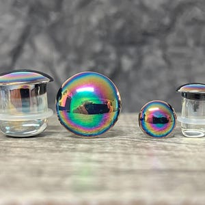 PAIR of Beautiful Oil Slick Design Pyrex Glass Single Flare Plugs with O-Rings - Gauges 4g (5mm) thru 7/8" (22mm) available!