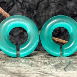 PAIR of Stunning Aquamarine Cat Eye Large Stone/Glass Hoops Ear Weight Hanging Plugs & O-rings