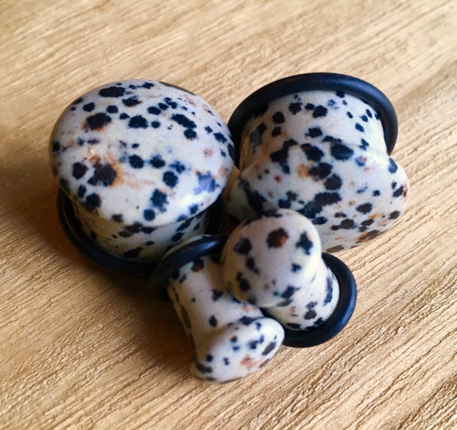 PAIR of Organic Single Flare Dalmatian Jasper Stone Plugs with O-Ring…