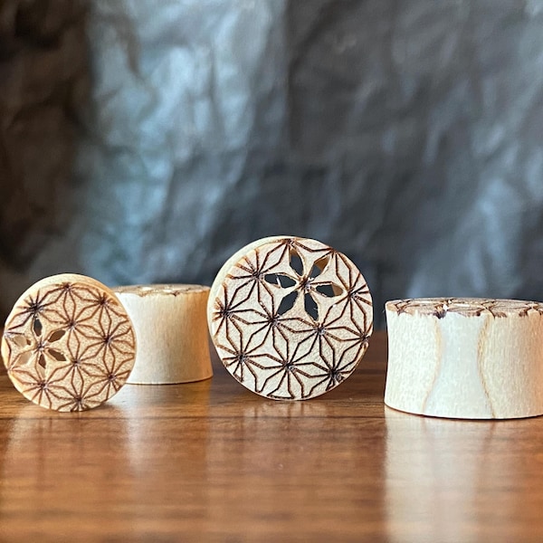 PAIR of Flower of Life Cut Out Blonde Crocodile Wood Saddle Plugs - Gauges