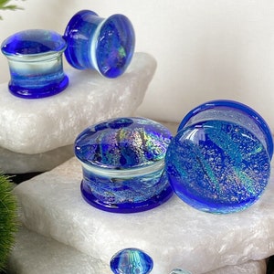 PAIR Blue & Purple Crackle Glass Plugs Double Flare Gauges Tunnels Body Jewelry