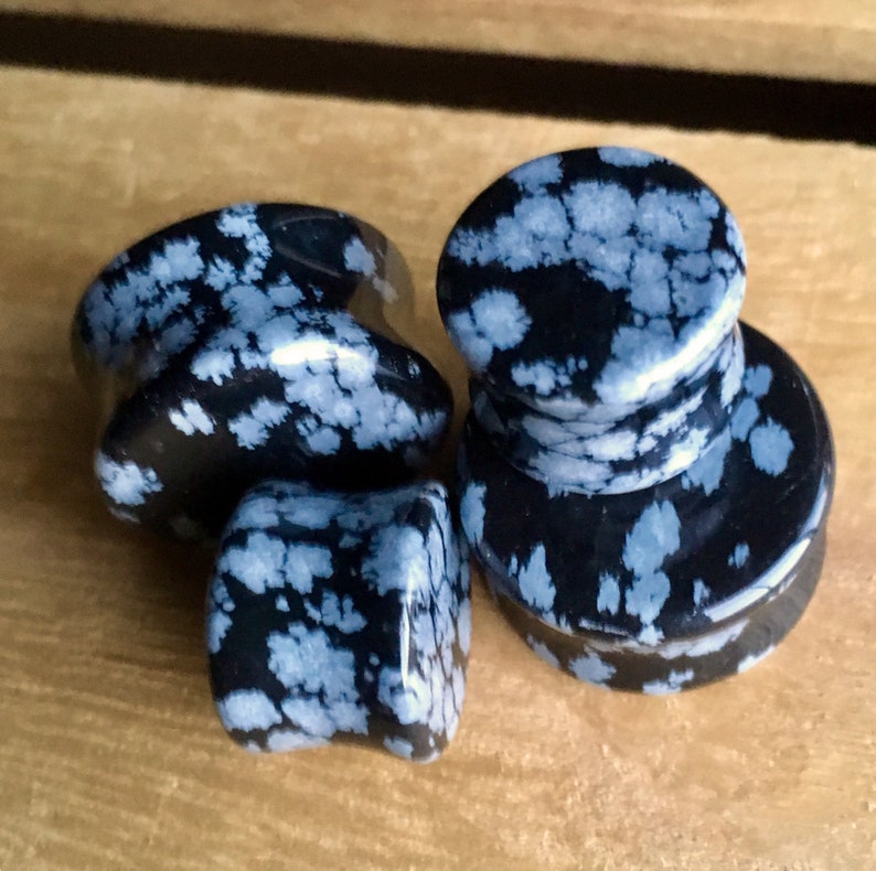 Gauges 8g 3mm available! up to 1 25mm PAIR of Stunning Snowflake Obsidian Organic Stone Plugs