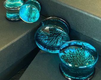 PAIR of Beautiful Aqua & Black Fracture Design Glass Double Flare Plugs - Gauges 2g (6mm) through 3/4" (19mm) available!