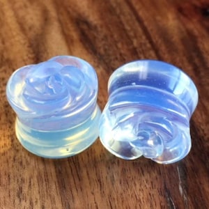 PAIR of Beautifully Carved Rose Flower Opalite Opalescent Double Flare Plugs - Gauges 2g thru 5/8&quot;