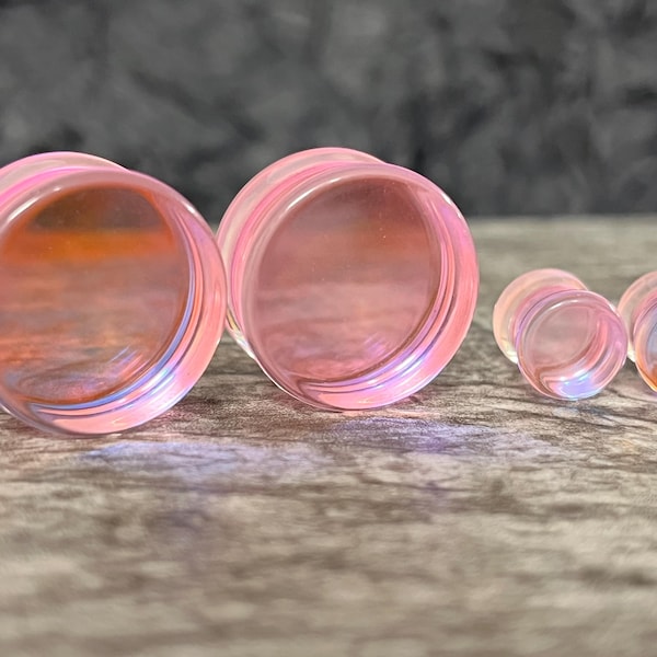 PAR de dilatadores de doble acampanado de cristal iridiscente rosa, joyería corporal