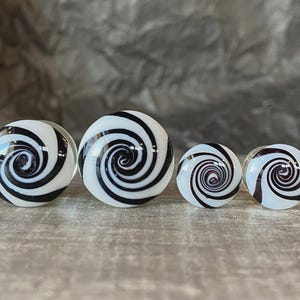 May include: Four white and black spiral-patterned ear gauges of varying sizes. The gauges are round and have a glossy finish. The black spiral design contrasts with the white background, creating a striking visual effect. The gauges are displayed on a textured surface.