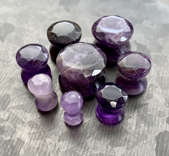 Pair of Amethyst Organic Double Flared Polished Stone Ear Plugs Gauges 8-35mm US Pair of Amethyst Organic Double Flared Polished Stone Ear Plugs Gauges 8-35mm US