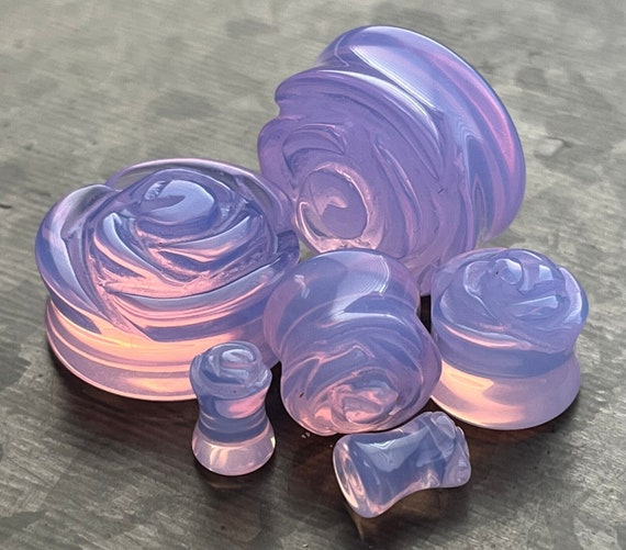 PAIR of Beautiful Lavender Opalite Stone Carved Flower Double Flare Glass Plugs - Gauges 2g (6.5mm) to 1&quot; (25mm) available!