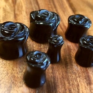 PAIR of Carved Organic Black Agate Stone Rose Flower Double Flare Plugs - Gauge 2g (6mm) thru 5/8" (16mm)!