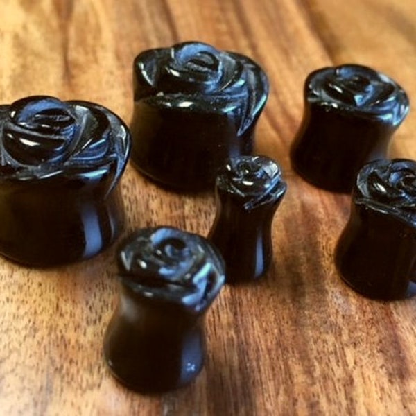 PAIR of Carved Organic Black Agate Stone Rose Flower Double Flare Plugs - Gauge 2g (6mm) thru 5/8" (16mm)!