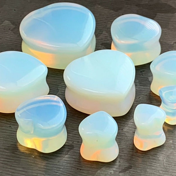 PAIR of Brilliant Opalite Opalescent  Heart Double Flare Plugs - Gauges 2g (6mm) thru 1" (25mm) available!