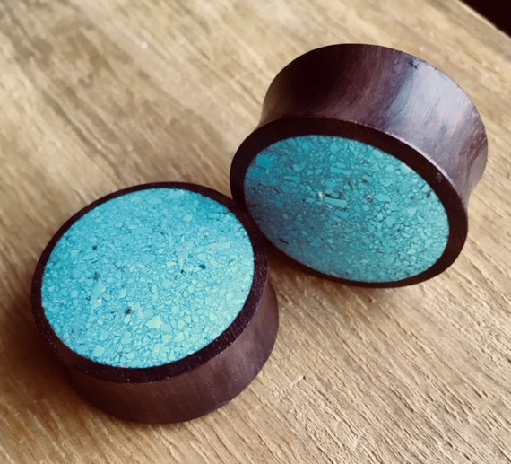 up to 1 PAIR of Crushed Turquoise Inlaid Wood Saddle Plugs Gauges 2g available! 25mm 6mm