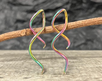 PAIR of Stunning Rainbow Steel Twist Tail Hanging Tapers Expanders / Plugs - Gauges 14g (1.6mm) thru 10g (2.4mm)