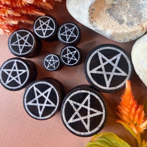 PAIR of Stunning Crystal Quartz Pentagram Inlay Black Wood Saddle Plugs/Tunnels Gauges 0g 8mm thru 1 25mm available image 2