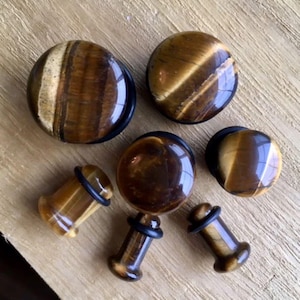 PAIR of Stunning Tiger Eye Single Flare Stone Plugs with O-Rings - Gauges 4g (5mm) up to 5/8&quot; (16mm) available!