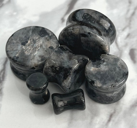 PAIR of Unique Natural Black Labradorite Organic Stone Double Flare Plugs/Tunnels - Gauges 2g (6mm) up to 3/4&quot; (19mm) available!