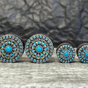 PAIR of Stunning Turquoise Enamel Antique Gold Tribal Sun Ebony Wood Saddle Plugs - Gauges 0g (8mm) up to 1" (25mm) available!