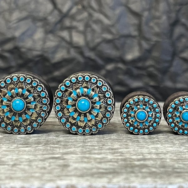 PAIR of Stunning Turquoise Enamel Antique Gold Tribal Sun Ebony Wood Saddle Plugs - Gauges 0g (8mm) up to 1" (25mm) available!