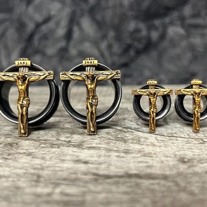 PAIR of Stunning Jesus Crucifixion Gold and Black Steel Screw Fit Tunnels/Plugs - Gauges 0g (8mm) thru 1" (25mm) available!