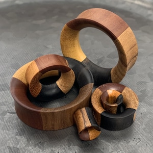 PAIR of Unique Organic Concave Sawo, Jackfruit, Areng, Teak Quarters Wood Tunnels - Gauges 2g (6mm) thru 2&quot; (52mm) available!