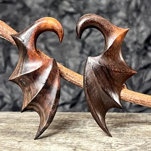 PAIR of Unique Hand Carved Organic Sono Wood Bat Wing Tapers/Plugs - Expanders - Gauges 6g (4mm) thru 00g (10mm) available!