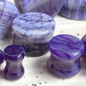 PAIR Purple Dragons Vein Agate Stone Double Flare Plugs Organic Earlets Gauges