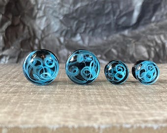 PAIR of Blue Swirling Smoke Style Pyrex Glass Double Flare Plugs - Gauges 2g (6mm) through 1" (25mm) available!