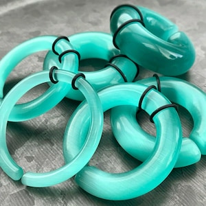 PAIR of Stunning Aquamarine Cat Eye Large Stone/Glass Hoops Ear Weight Hanging Plugs & O-rings -Gauges 4g (5mm) up to 5/8" (16mm) available!