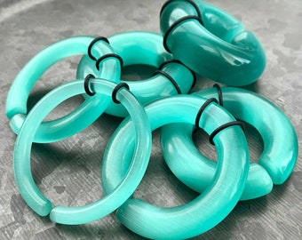 PAIR of Stunning Aquamarine Cat Eye Large Stone/Glass Hoops Ear Weight Hanging Plugs & O-rings -Gauges 4g (5mm) up to 5/8" (16mm) available!