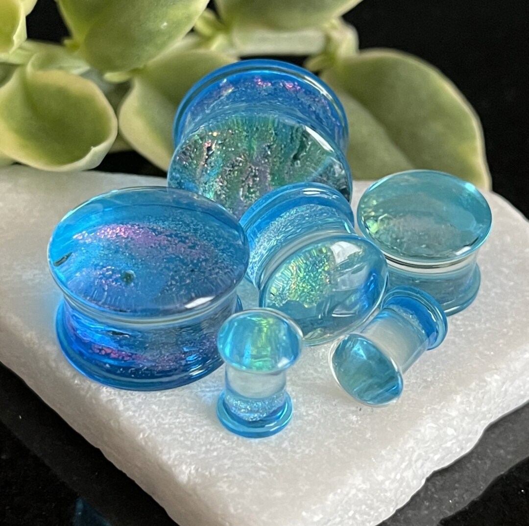 Black Steel Teardrop Plugs With Embedded Dichroic Glass - EMB-006 - Mystic Metals Gauges