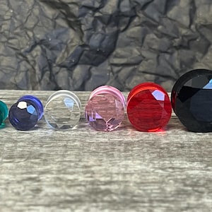 PAIR of Stunning Faceted Glass Double Flare Plugs - Black, Clear, Pink, Red, Purple and Teal Available!
