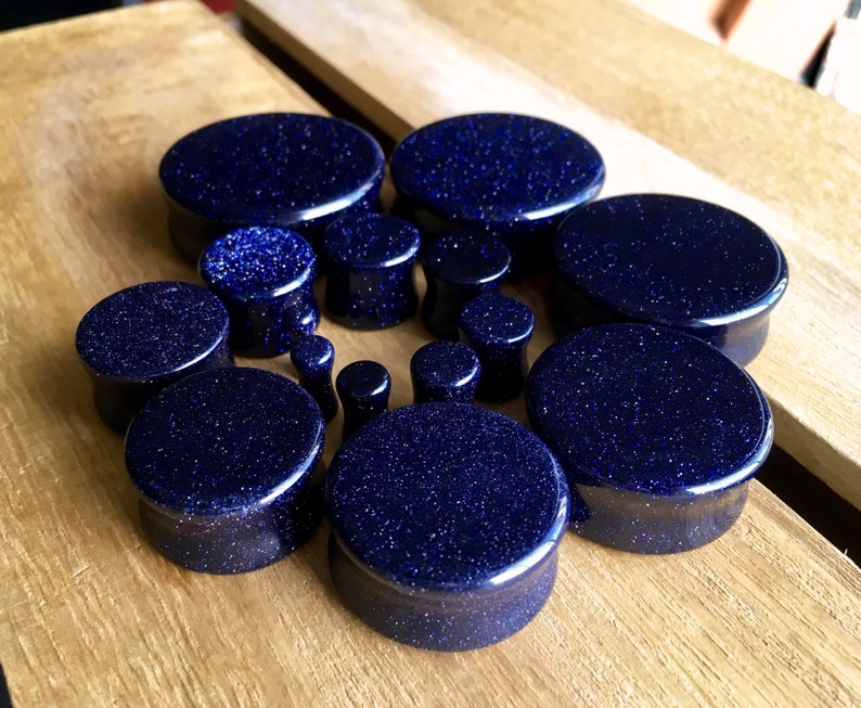 Gauges 8g 3mm available! 38mm PAIR of Blue Midnight Goldstone Stone Plugs Sandstone up to 1/&12