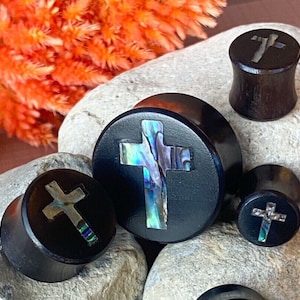 PAIR of Stunning Abalone Shell Cross Inlay Black Wood Saddle Plugs/Tunnels - Gauges 0g (8mm) thru 1&quot; (25mm) available!
