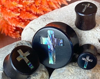 PAIR of Stunning Abalone Shell Cross Inlay Black Wood Saddle Plugs/Tunnels - Gauges 0g (8mm) thru 1" (25mm) available!