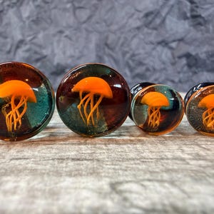 PAIR of Unique Floating Orange Jellyfish Pyrex Glass Double Flare Plugs -Gauges 0g (8mm) through 5/8" (16mm) available!