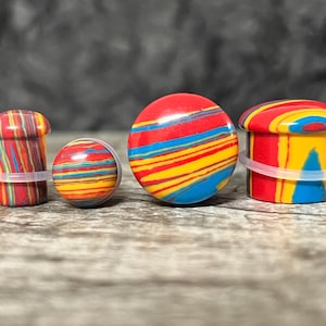 PAIR Primary Colors Tie Dye Malachite Single Flare Stone Plugs Tye Dyed Gauges