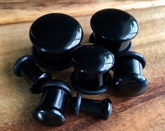 PAIR of Single Flare Organic Black Onyx Stone Plugs with O-Rings - Gauges 4g thru 5/8" (16mm) Earlets