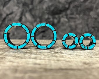 PAIR of Stunning Turquoise Rimmed Black Steel Screw Fit Tunnels/Plugs - Gauges 0g (8mm) thru 1" (25mm) Available!