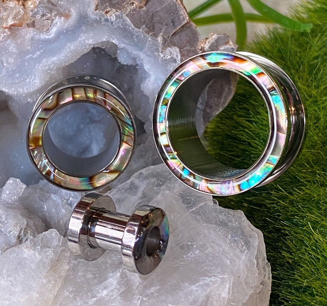 PAIR of Beautiful Abalone Inlay Steel Screw Fit Tunnels - Gauges 4g ...