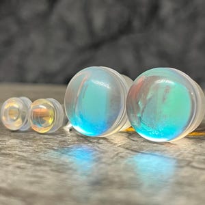 PAIR Luminous Moonstone Glass Single Flare Stone Plugs Gauges Earlets Tunnels Body Jewelry