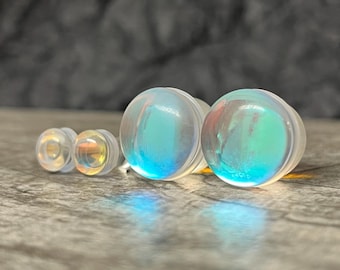 PAIR Luminous Moonstone Glass Single Flare Stone Plugs Gauges Earlets Tunnels Body Jewelry