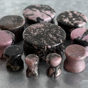 PAIR of Unusual Rhodonite Black & Pink Organic Natural Stone Double Flare Plugs/Tunnels  - Gauges 4g (5mm) up to 1&quot; (25mm) available!